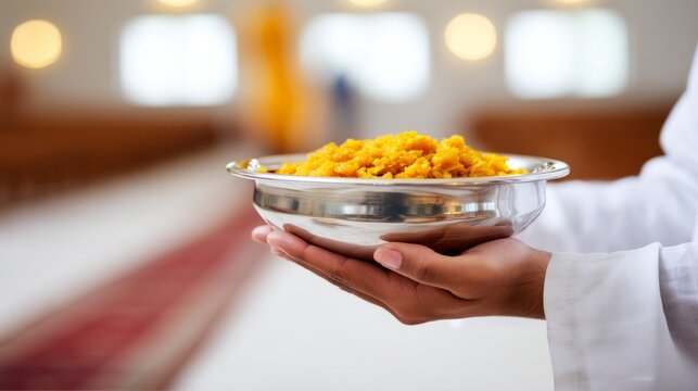 Devotee Holding Steel Bowl of Karah Prasad in Sacred Sikh Ceremony