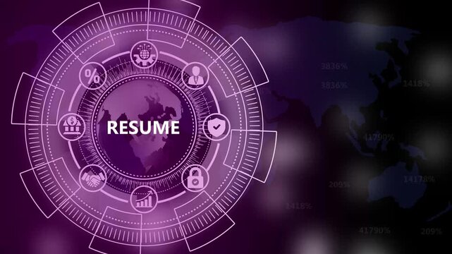 Digital Resume concept with globe and icons in a circular interface on a world map background curriculum vitae