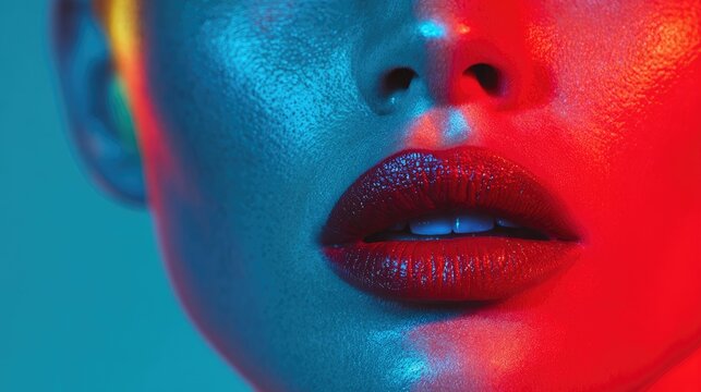 Vibrant Close-Up of Lips in Colorful Red and Blue Neon Lighting
