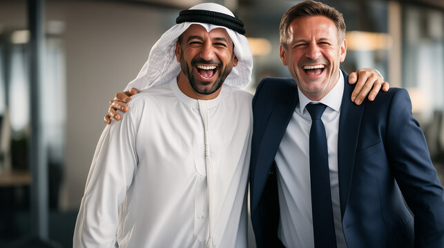 Business Partners' Jubilant Collaboration: Two business professionals share an embrace of camaraderie and laughter, symbolizing collaboration, unity, and positive partnership.
