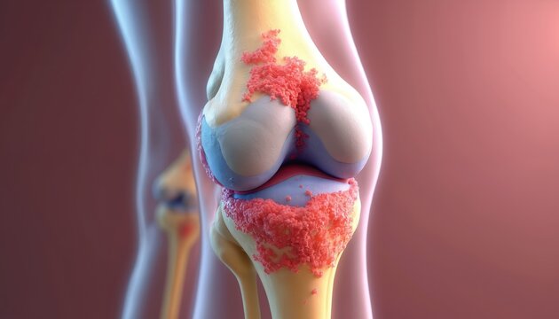 Human knee joint with severe arthritis showing inflamed synovial membrane and bone spurs. Medical illustration details joint degeneration and pain symptoms. Close up of cartilage damage.
