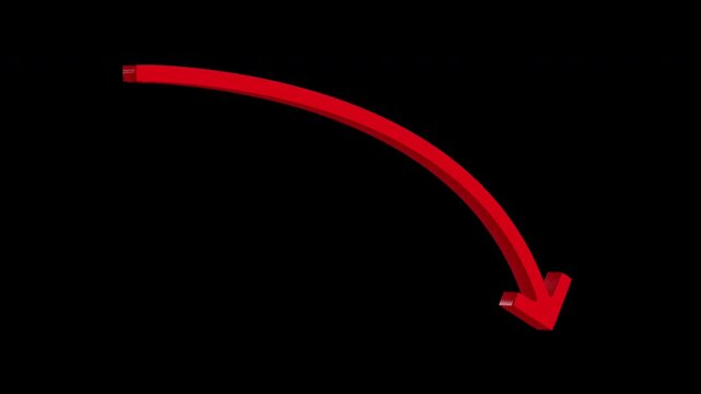 3d red arrow down business graph icon animation. 