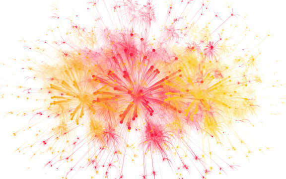 Abstract watercolor fireworks illustration, vibrant pink and yellow paint splashes on white background, festive explosion of color and light