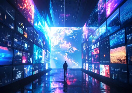 近未来都市の巨大デジタルスクリーンと映像データを眺める人々、AIと情報社会のイメージ