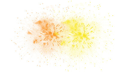 Golden yellow and orange paint splash, vibrant watercolor powder explosion on white background, abstract ink splatter and dust particles for creative design
