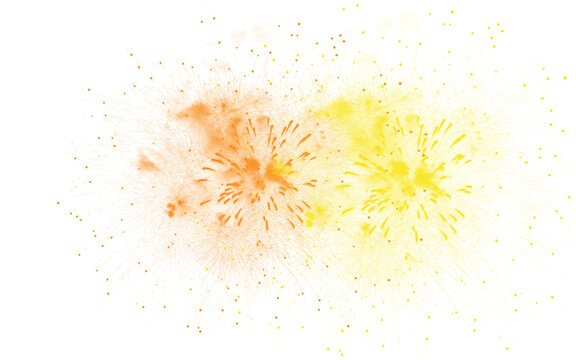 Golden yellow and orange paint splash, vibrant watercolor powder explosion on white background, abstract ink splatter and dust particles for creative design