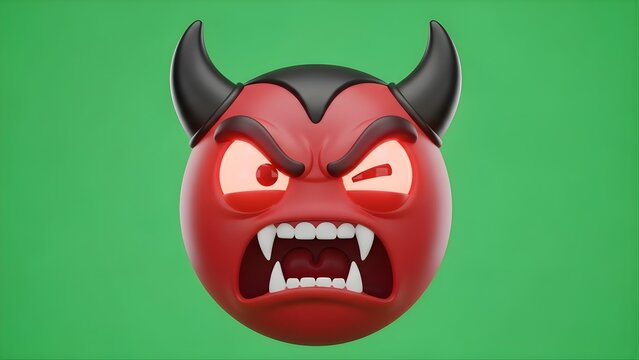 angry red demon emoji with horns on green background 3d render