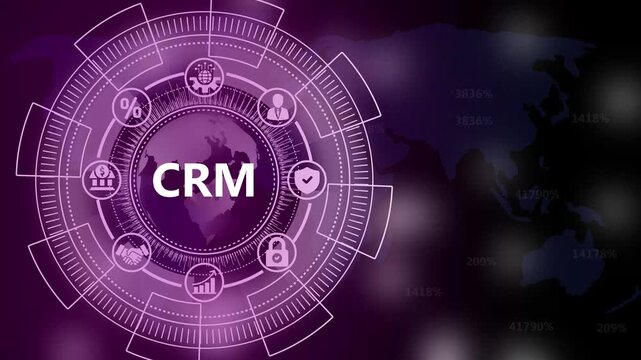 CRM Software Interface with Global Business Network and Data Analytics Icons customer relationship