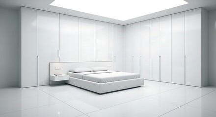 Fototapeta premium Minimalist Bedroom Design - Modern White Interior with Bed and Wardrobes.