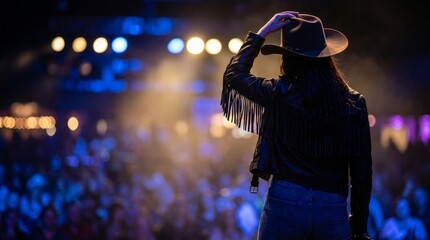 Person Raising Cowboy Hat on Stage at a Concert