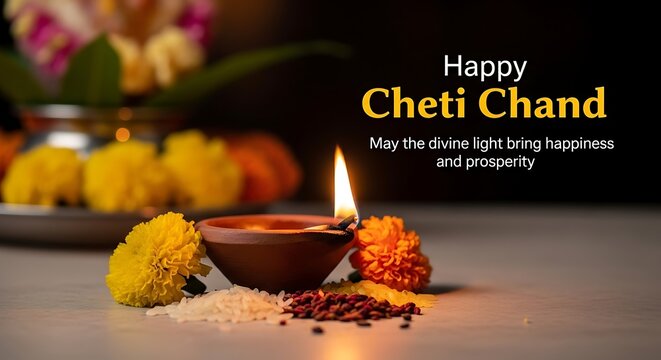 Cheti Chand Festival Greeting With Diwali Lamp And Flowers