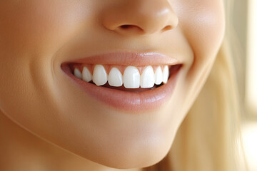 Fototapeta premium Close-up of Female Perfect Teeth Shape. Close-up of a smiling woman showcasing clean, white teeth and smooth skin with natural lighting.