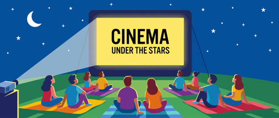 A charming scene depicting an outdoor cinema event, where people gather to enjoy a film under a beautiful starry night sky, evoking community and joy. © Jinhong