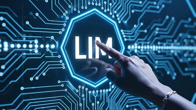 Hand touching digital circuit with LIM text