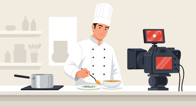 Chef recording cooking tutorial video in professional kitchen setting.