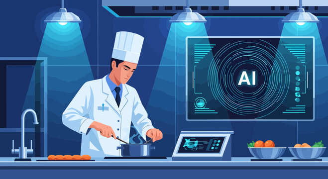 Chef using artificial intelligence in modern kitchen for cooking.