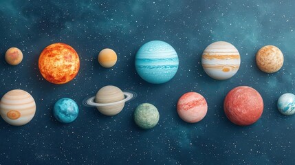 Cluster of planets orbiting within vibrant nebula gas field, rich scifi composition