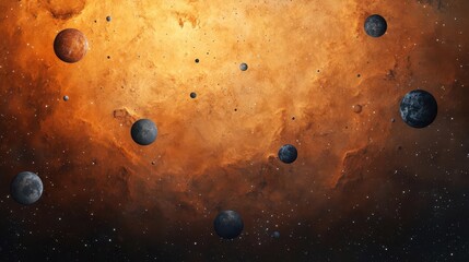 Cluster of planets orbiting within vibrant nebula gas field, rich scifi composition