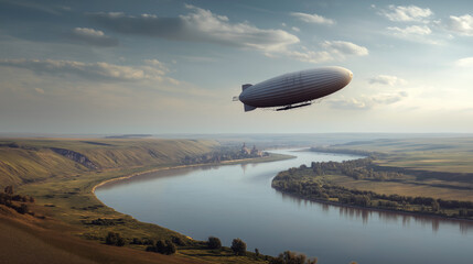Naklejka premium Vintage Airship Over Serene Landscape View
