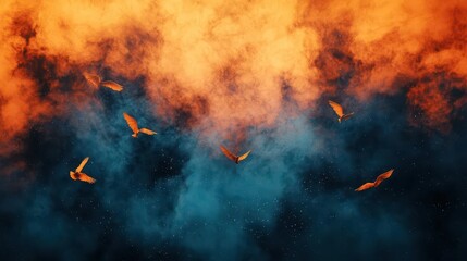 Cloud of nebula smoke turning into golden birds in space, creative symbolic flight