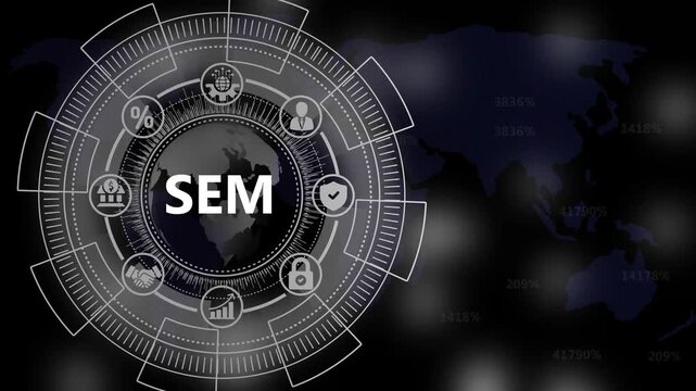 Digital Global SEM Analysis with Business Icons and World Map Background search engine marketing