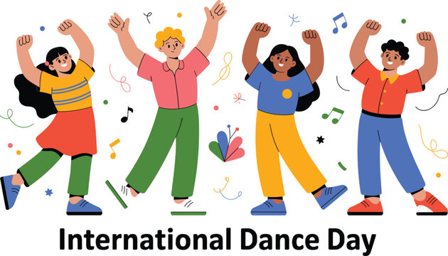 International Dance Day cheerful illustration with diverse happy people dancing, colorful outfits, music elements, joyful celebration, community unity, modern flat style