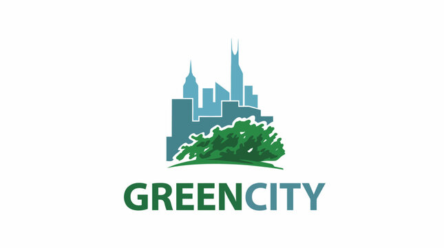 The logo showcases a city skyline infused with greenery, symbolizing urban sustainability and a commitment to ecological balance and innovation in city landscapes.