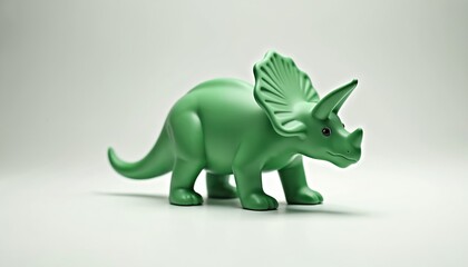Fototapeta premium Green triceratops figurine stands on clean surface. Cute toy dinosaur model, simple studio product shot. Kids collectible for paleontology, fun, playful, educational.