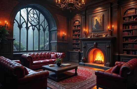 Gothic interior with red leather sofas near fireplace. Arched window shows foggy forest. Ornate room has bookshelves and chandelier. Luxury and mystery vibe.
