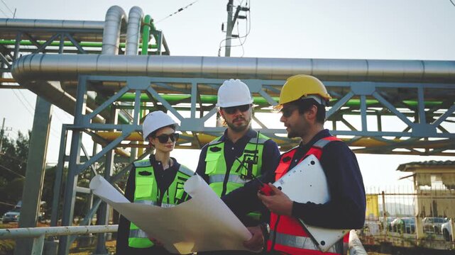Engineers Reviewing Construction Plans at Industrial Gas Storage Facility, Industrial engineer inspecting petrochemical facility construction blueprint at gas storage plant site, energy operations.