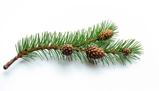 Pine branch with several cones isolated on white background. Green needles form a natural border. This object is perfect for seasonal design.