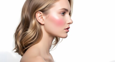 Naklejka premium Beautiful Woman Profile with Blonde Hair and Pink Blush