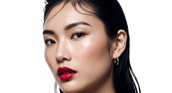 Beautiful Asian Woman with Red Lipstick and Black Hair