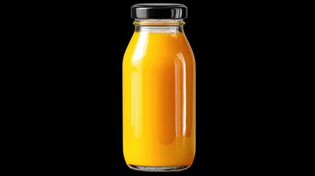 Golden Elixir: A vibrant glass bottle filled with a bright, inviting orange liquid. The rich hue of the beverage contrasts beautifully against the sleek bottle design and background.
