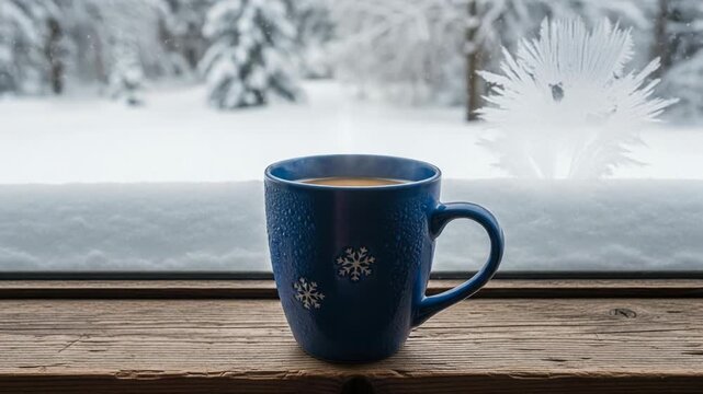 A warm drink in a blue speckled mug with snowflakes sits on a wooden surface by a frosty window overlooking a snowy landscape