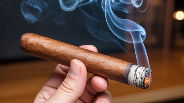 Hand holding a lit cigar with rising smoke