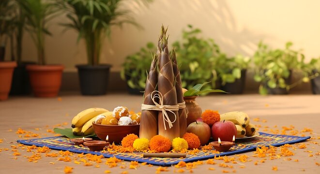 A Traditional Indian Puja Setup With Fruits And Flowers