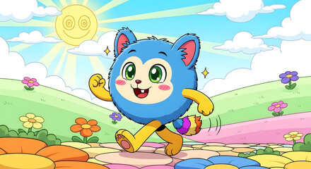 A joyful vector illustration of a happy boy and his baby brother playing with a funny toy cat under a summer rainbow at school to celebrate childhood art and family love