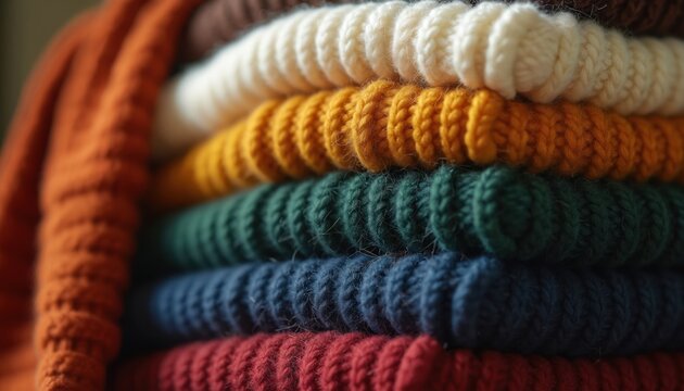 Neatly folded stack of colorful knitted jumpers. Apparel made from wool and cotton shows warm textile texture. Cozy pile offers comfort and style for autumn.