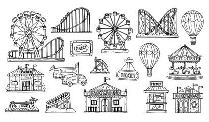 Hand drawn amusement park icons set with roller coaster ferris wheel carousel and hot air balloon sketch vector collection © Shukimon