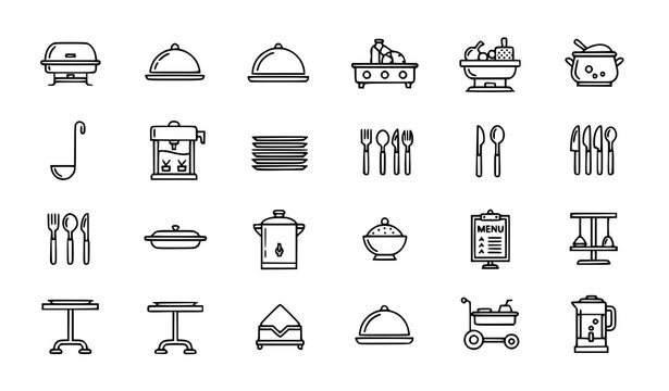 Food service and catering equipment line icons set with buffet tools serving tray cloche and kitchen utensils vector