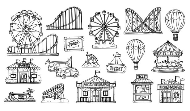 Hand drawn amusement park icons set with roller coaster ferris wheel carousel and hot air balloon sketch vector collection