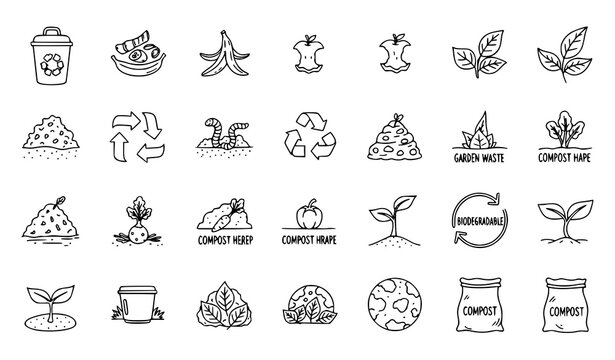 Hand drawn composting and organic waste icons set with food scraps compost bin and recycling elements vector illustration