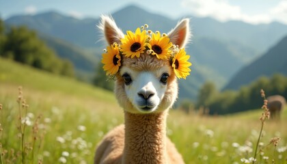 Obraz premium Baby alpaca wears floral crown in green meadow. Small camelid has fluffy fur and large eyes. Cute mammal stands on grassy field with mountains in background. Sunny day.