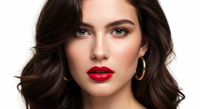 Beautiful Woman with Red Lipstick and Gold Hoop Earrings