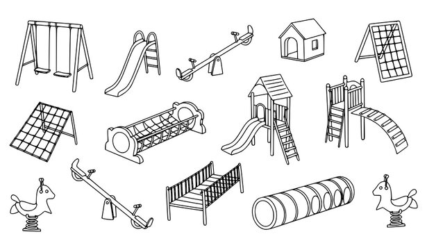Hand drawn playground equipment icons with kids outdoor play structures and recreation symbols outline vector set
