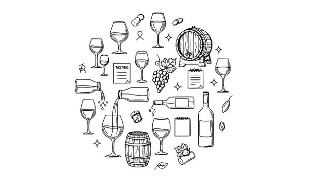 Wine tasting sketch icons in circular layout with glasses barrel grapes and sommelier notes vector set