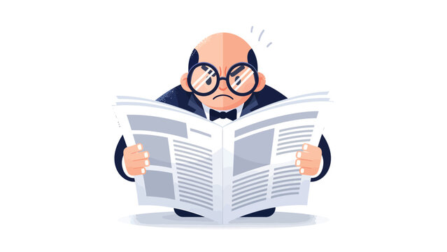 Frustrated businessman reads newspaper. Upset man in suit and glasses reacting to bad news, financial report, or current events. Vector illustration.