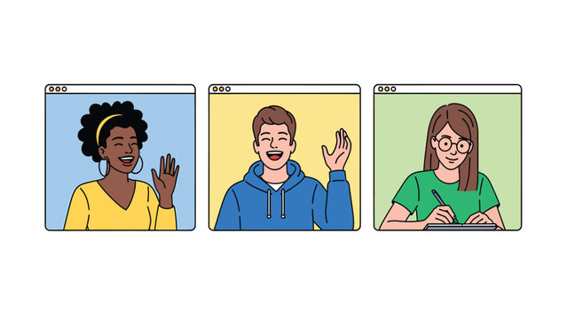 Diverse young people in virtual video call meeting. Online remote work, e-learning, and collaboration concept illustration.