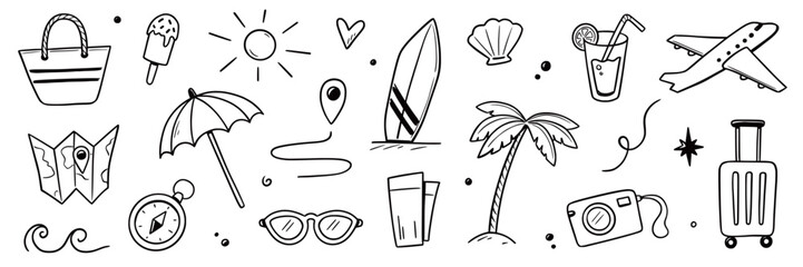 Obraz premium Summer beach icon element set. Hand drawn doodle sketch with sun, sea, travel vacation holiday trip. Cute beach icon elements with sunglasses umbrella palm camera suitcase. Vector illustration